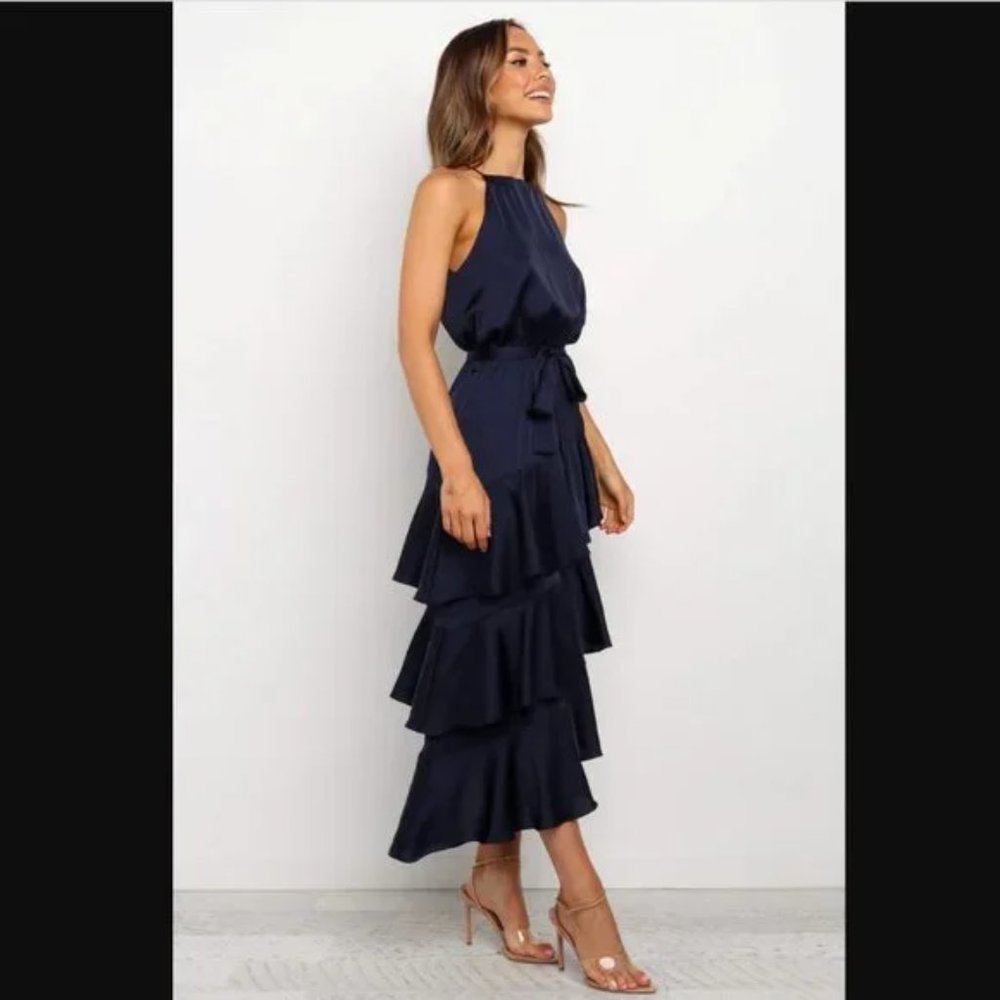 Petal & Pup Navy Blue Satin Seychelle Ruffle Tiered Midi Dress 10 - Picture 5 of 11